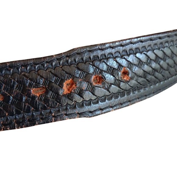 42 True Vintage Black Basket Duty Tooled Leather Belt Lyntone Made USA Cowhide - Picture 8 of 8